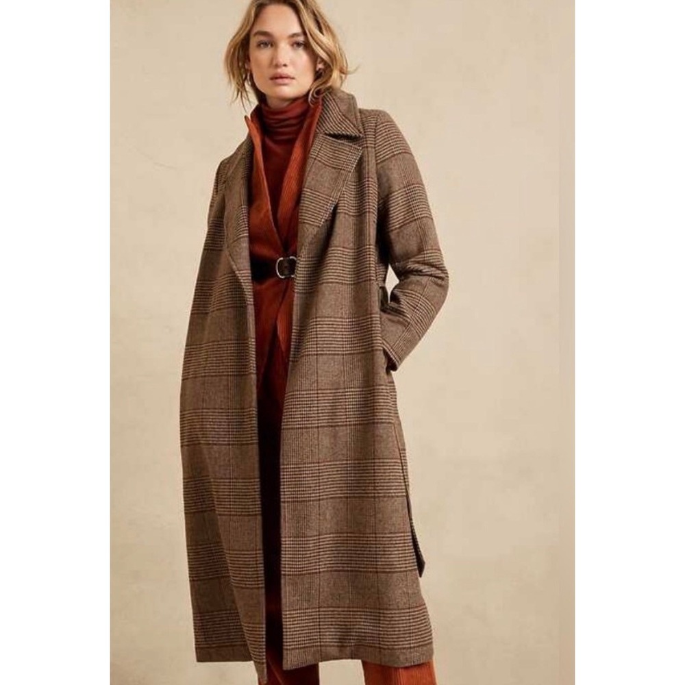 Banana Republic Glen Plaid Wool Blend Long Wrap Coat Brown XL